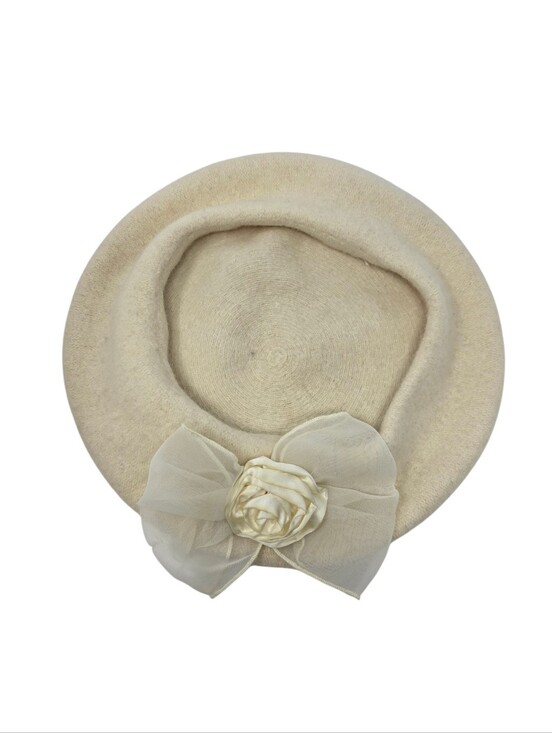 Vintage Ultra Basque Wool Beret Hat With Bow & Satin Rosette One Size Cream main image 7